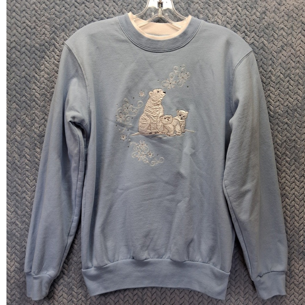 Morning Sun Polar Bear Family Embroidered Sweatshirt Light Blue Small